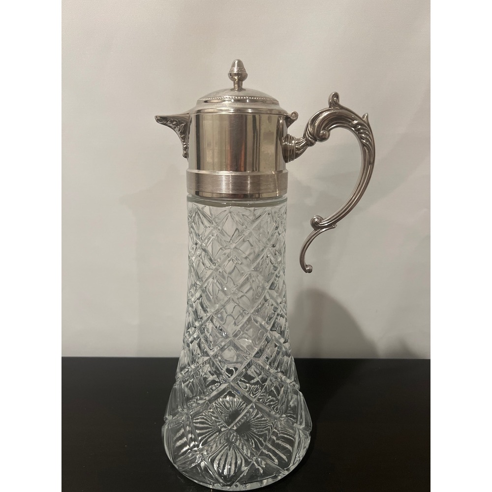 Vintage Iced Tea Pitcher Silverplate Lid Cut Glass Ice Chamber Made in Italy 14"